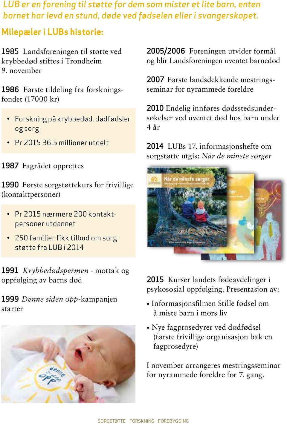 november 1986 Første tildeling fra forskningsfondet (17000 kr) Forskning på krybbedød, dødfødsler og sorg Pr 2015 36,5 millioner utdelt 1987 Fagrådet opprettes 2005/2006 Foreningen utvider formål og