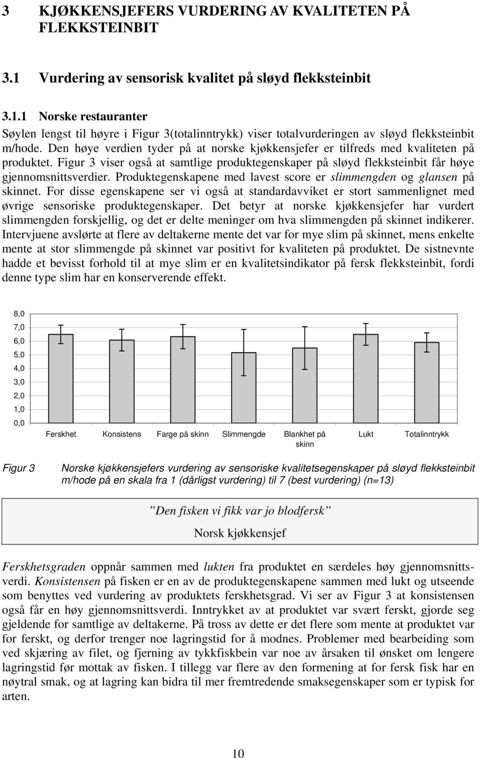 Produktegenskapene med lavest score er slimmengden og glansen på skinnet. For disse egenskapene ser vi også at standardavviket er stort sammenlignet med øvrige sensoriske produktegenskaper.