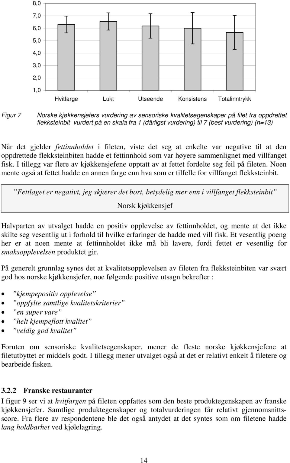 hadde et fettinnhold som var høyere sammenlignet med villfanget fisk. I tillegg var flere av kjøkkensjefene opptatt av at fettet fordelte seg feil på fileten.