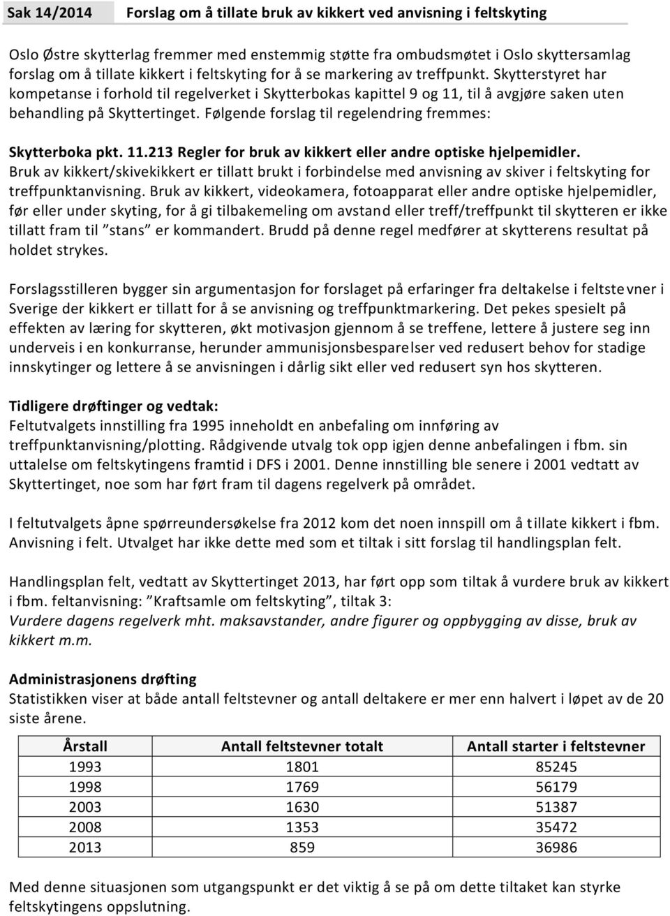 Følgende forslag til regelendring fremmes: Skytterboka pkt. 11.213 Regler for bruk av kikkert eller andre optiske hjelpemidler.