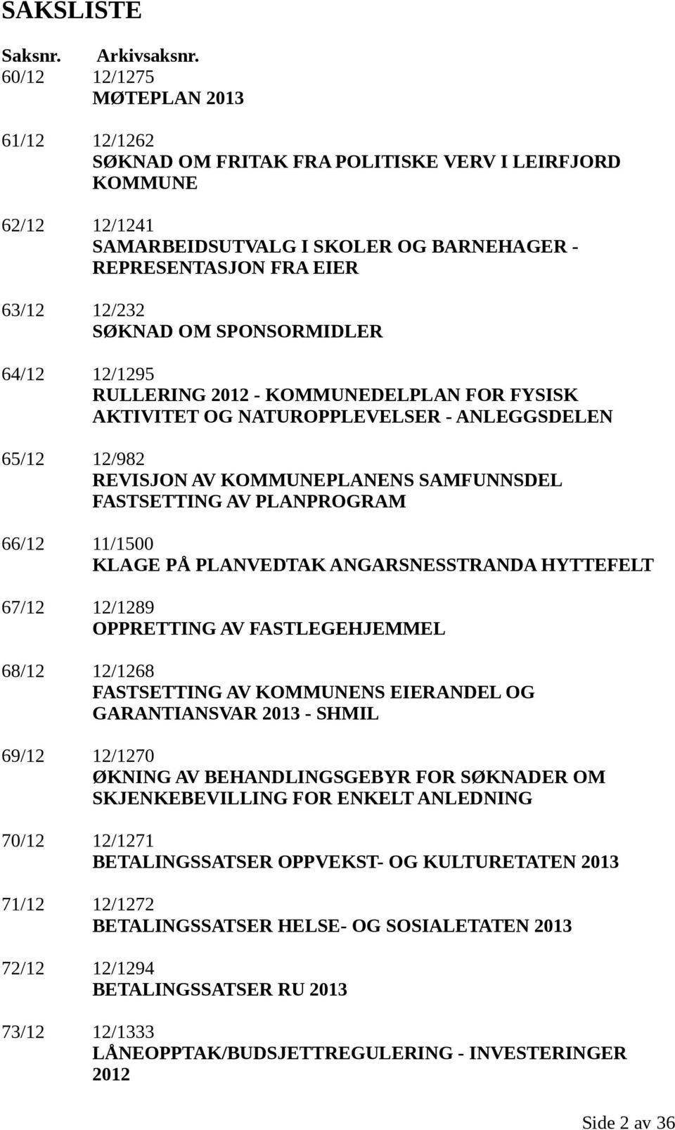 OM SPONSORMIDLER 64/12 12/1295 RULLERING 2012 - KOMMUNEDELPLAN FOR FYSISK AKTIVITET OG NATUROPPLEVELSER - ANLEGGSDELEN 65/12 12/982 REVISJON AV KOMMUNEPLANENS SAMFUNNSDEL FASTSETTING AV PLANPROGRAM