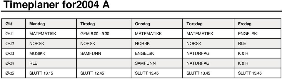 30 MATEMATIKK MATEMATIKK ENGELSK Økt2 NORSK NORSK NORSK NORSK RLE Økt3