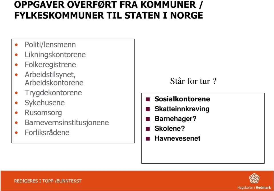 Arbeidskontorene Trygdekontorene Sykehusene Rusomsorg