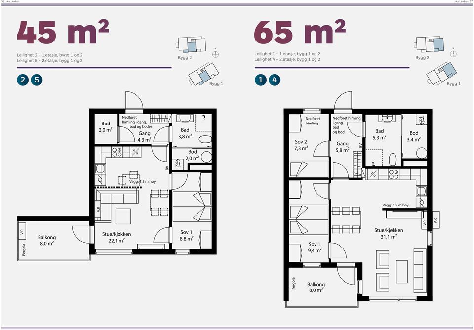 etasje, bygg 1 og 2 2,0 m² Nedforet himling i gang, bad og boder 4,3 m² BV 3,8 m² 2,0 m² Sov 2 7,3 m² Nedforet himling Nedforet himling i gang, bad og bod 5,8 m² N Vegg: 1,5 m høy