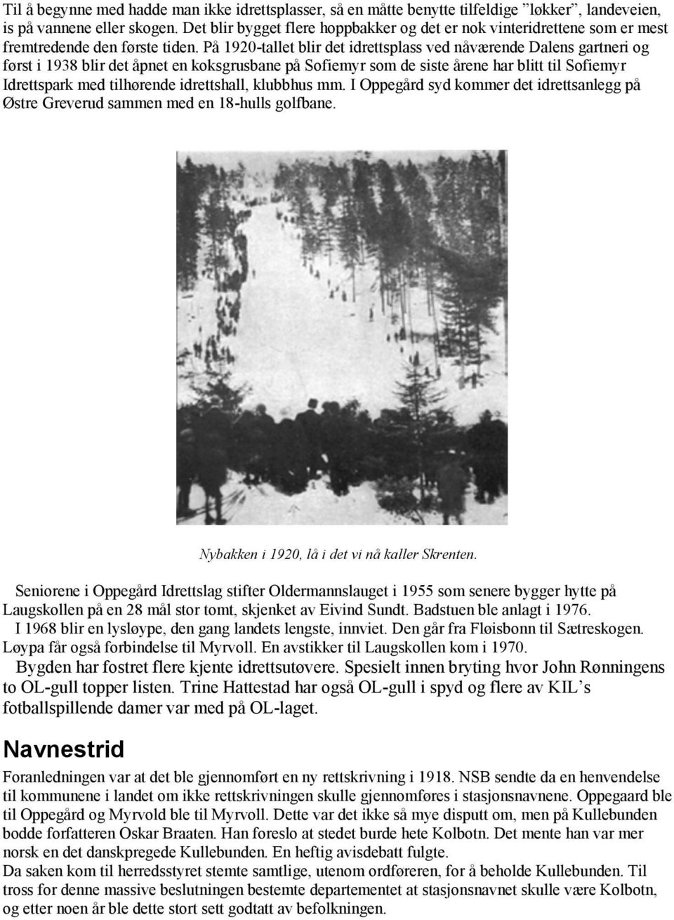 På 1920-tallet blir det idrettsplass ved nåværende Dalens gartneri og først i 1938 blir det åpnet en koksgrusbane på Sofiemyr som de siste årene har blitt til Sofiemyr Idrettspark med tilhørende