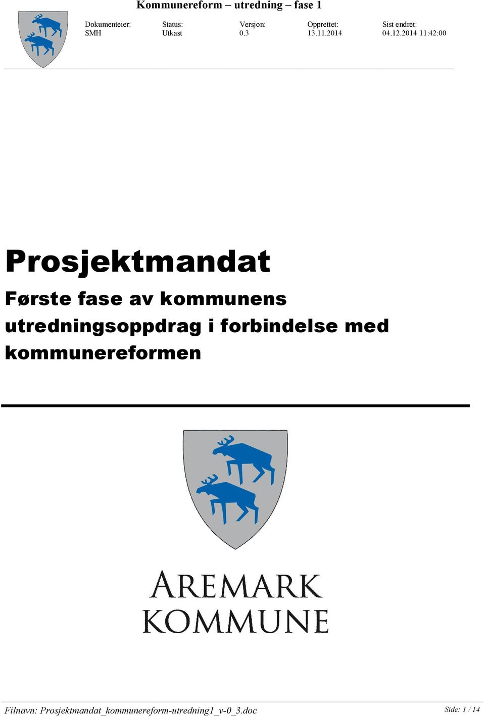 2014 11:42:00 Prosjektmandat Første fase av kommunens utredningsoppdrag i