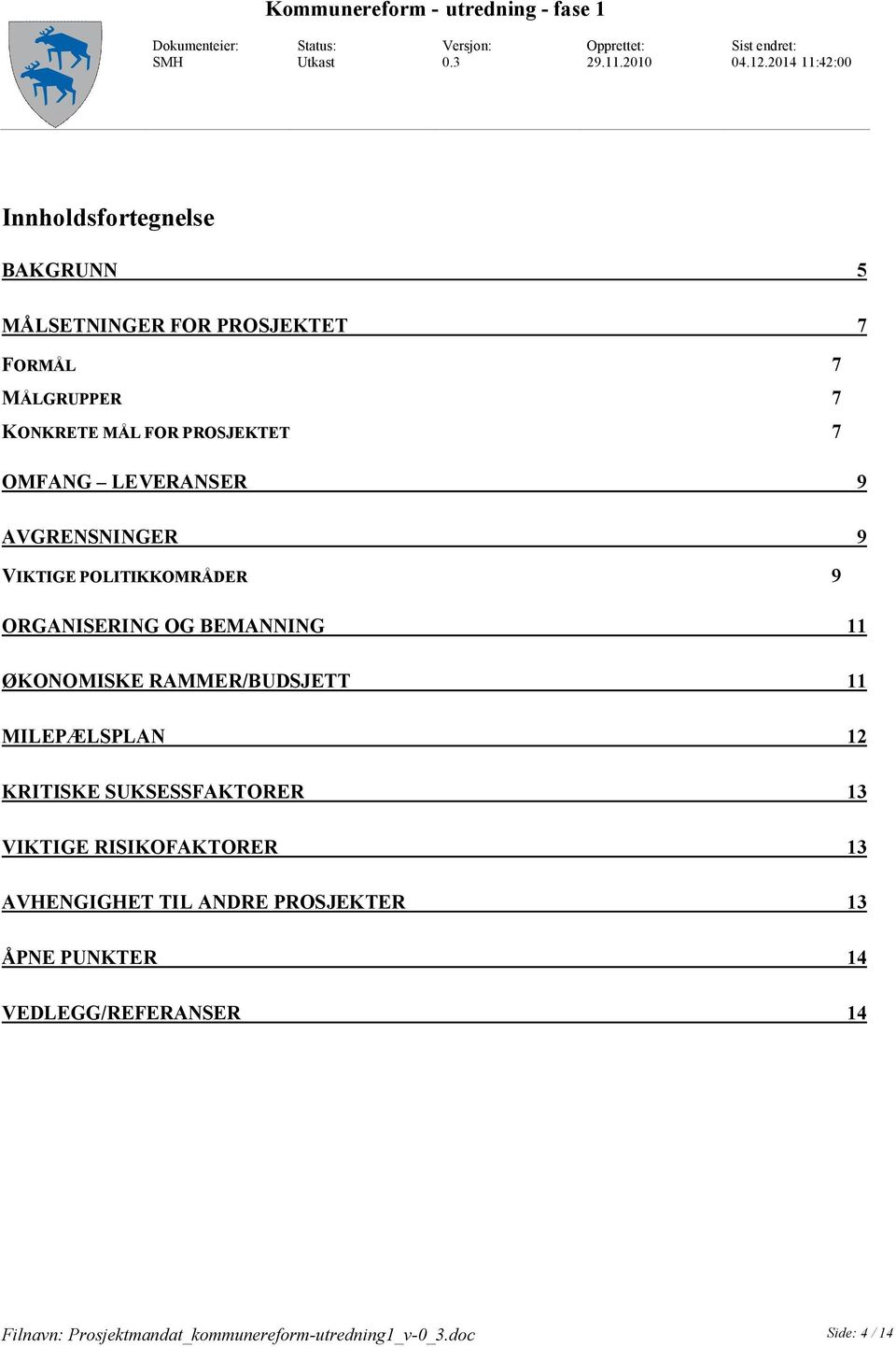 AVGRENSNINGER 9 VIKTIGE POLITIKKOMRÅDER 9 ORGANISERING OG BEMANNING 11 ØKONOMISKE RAMMER/BUDSJETT 11 MILEPÆLSPLAN 12 KRITISKE SUKSESSFAKTORER 13