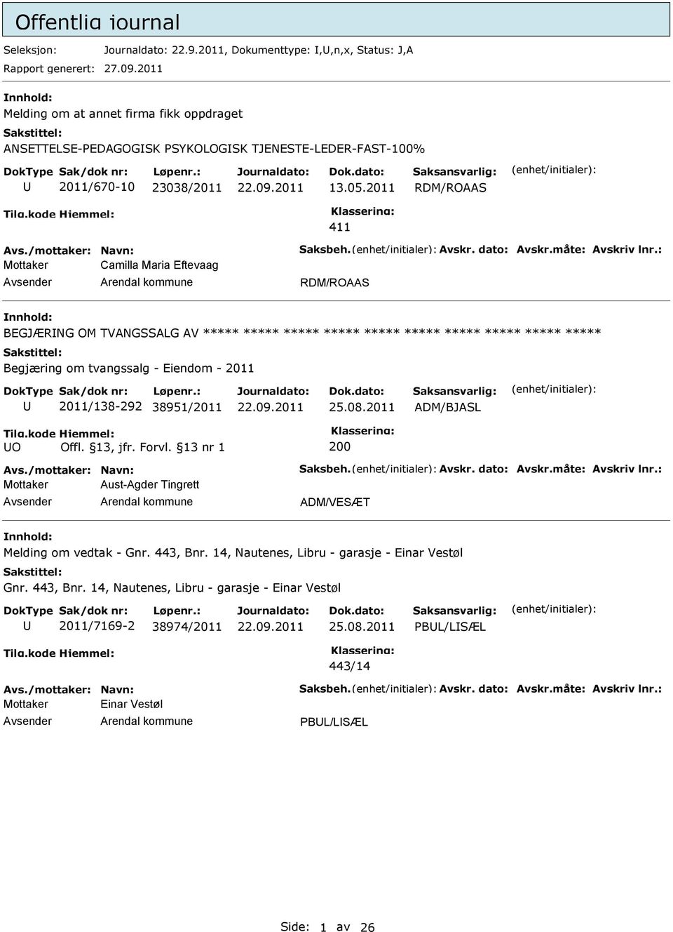 2011 RDM/ROAAS 411 Mottaker Camilla Maria Eftevaag RDM/ROAAS nnhold: BEGJÆRNG OM TVANGSSALG AV ***** ***** ***** ***** ***** ***** ***** ***** ***** ***** 2011/138-292