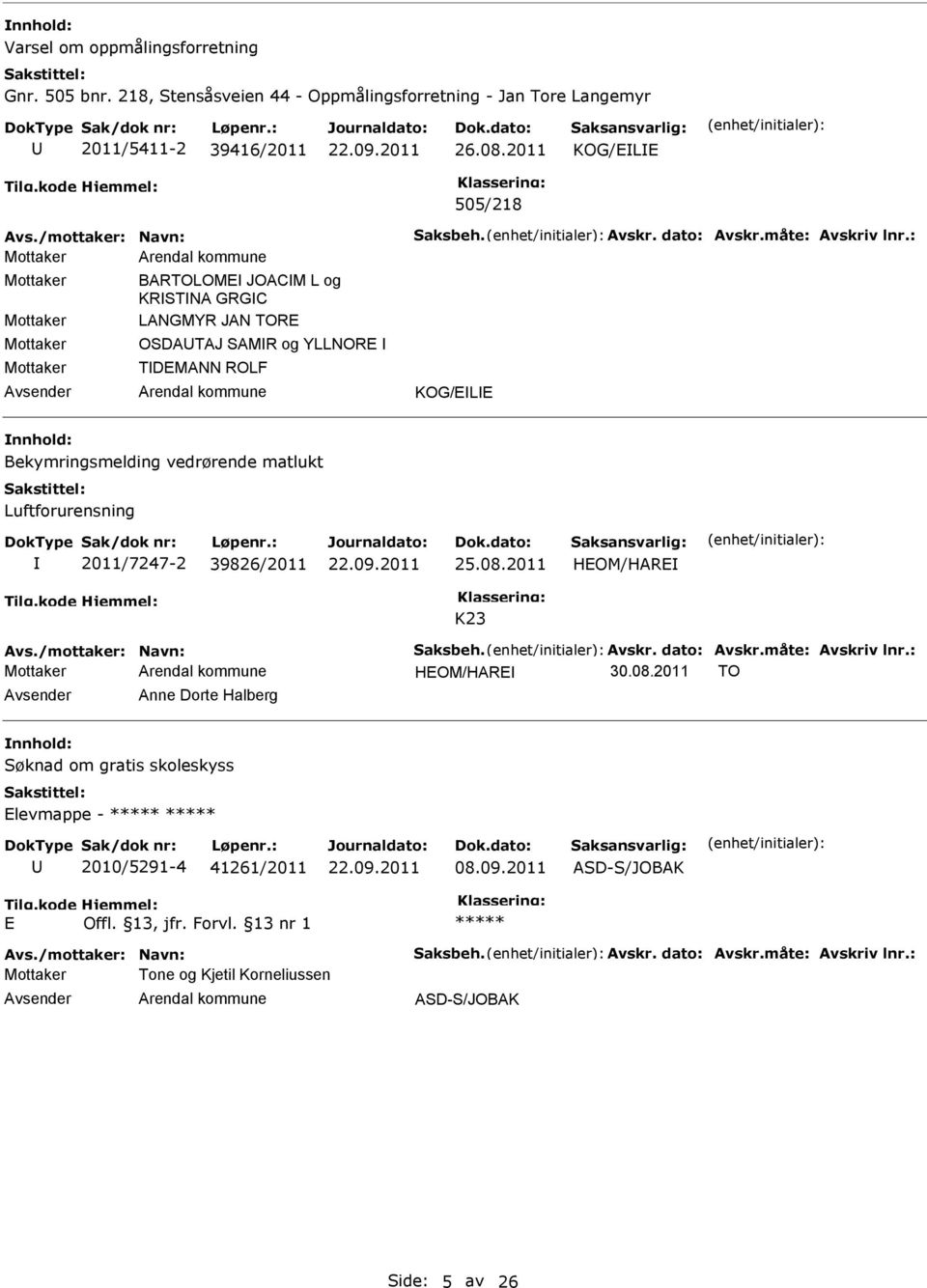 nnhold: Bekymringsmelding vedrørende matlukt Luftforurensning 2011/7247-2 39826/2011 25.08.