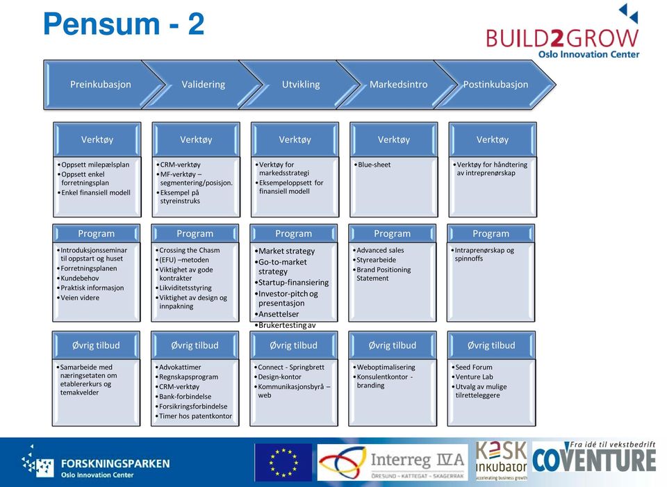 Eksempel på styreinstruks Verktøy for markedsstrategi Eksempeloppsett for finansiell modell Blue-sheet Verktøy for håndtering av intreprenørskap Program Program Program Program Program
