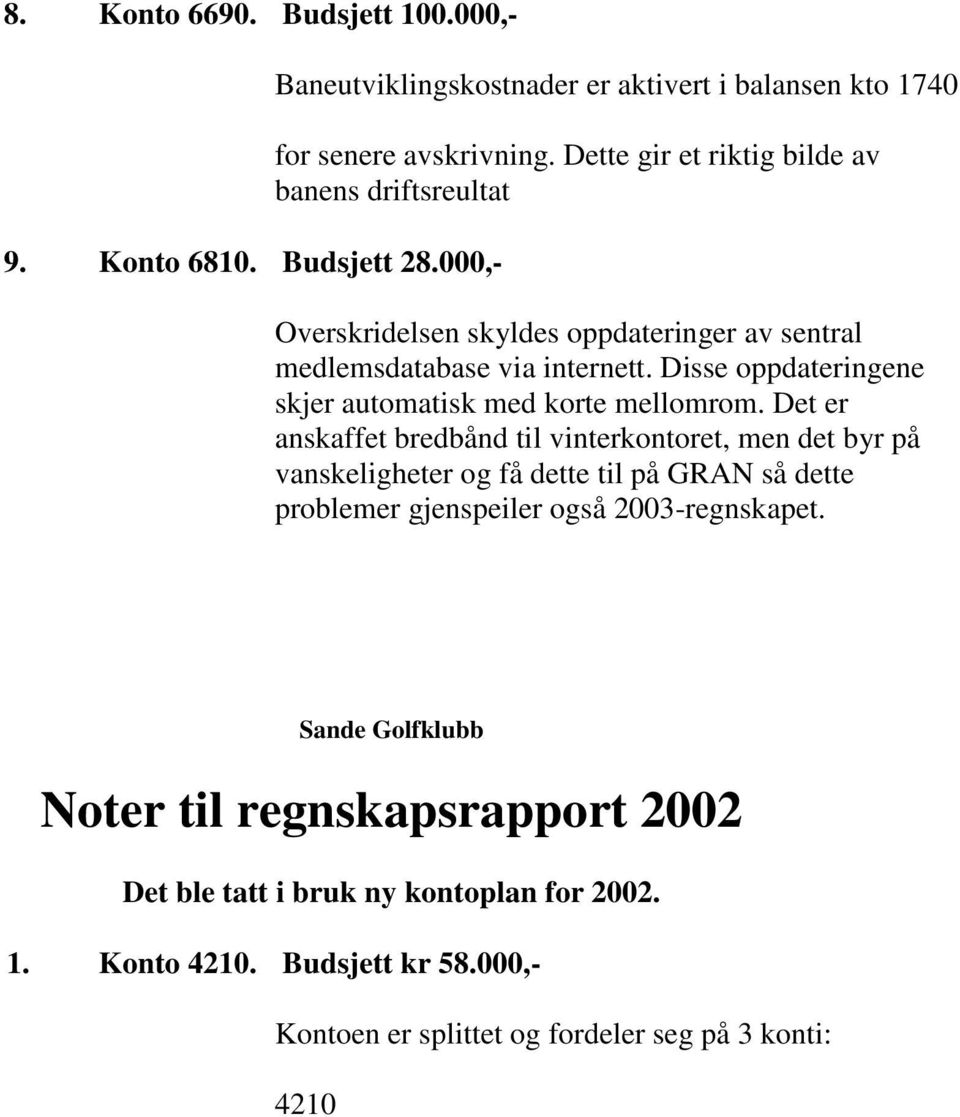 Det er anskaffet bredbånd til vinterkontoret, men det byr på vanskeligheter og få dette til på GRAN så dette problemer gjenspeiler også 2003-regnskapet.