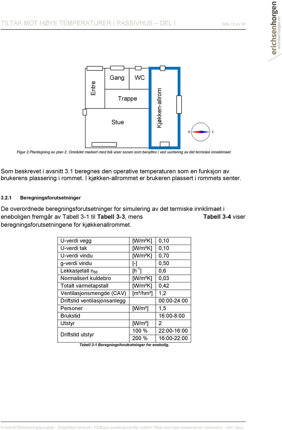 1 beregnes den operative temperaturen som en funksjon av brukerens plassering i rommet. I kjøkken-allrommet er brukeren plassert i rommets senter. 3.2.