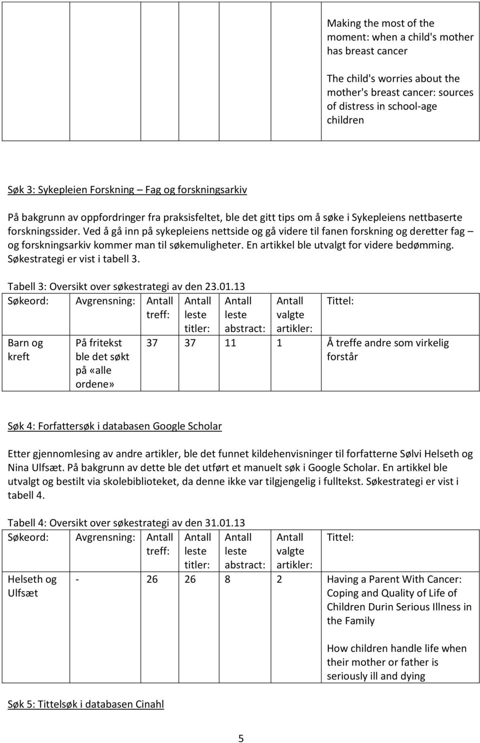 Ved å gå inn på sykepleiens nettside og gå videre til fanen forskning og deretter fag og forskningsarkiv kommer man til søkemuligheter. En artikkel ble utvalgt for videre bedømming.