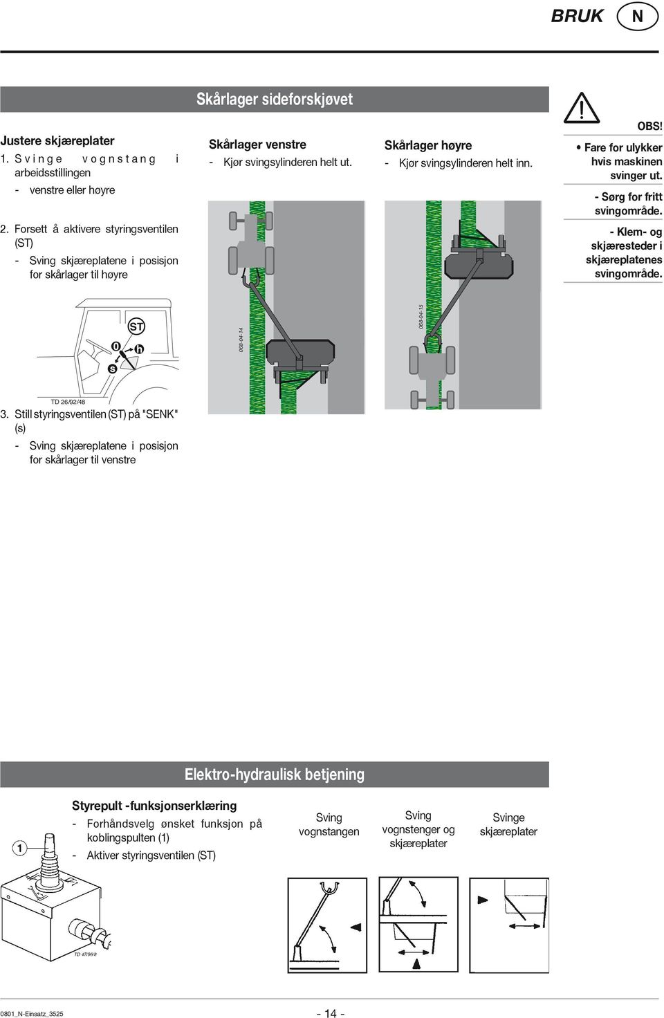 OBS! Fare for ulykker hvis maskinen svinger ut. - Sørg for fritt svingområde. - Klem- og skjæresteder i skjæreplatenes svingområde. 0 ST h 068-04-14 068-04-15 s TD 26/92/48 3.