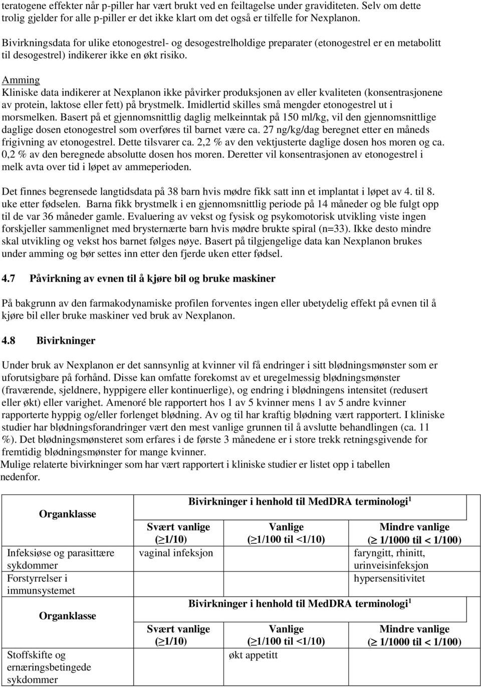 Amming Kliniske data indikerer at Nexplanon ikke påvirker produksjonen av eller kvaliteten (konsentrasjonene av protein, laktose eller fett) på brystmelk.