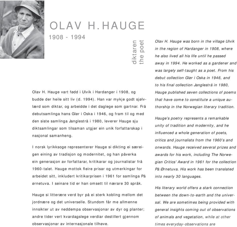 Hauge vart fødd i Ulvik i Hardanger i 1908, og budde der heile sitt liv (d. 1994). Han var mykje godt sjølvlærd som diktar, og arbeidde i det daglege som gartnar.