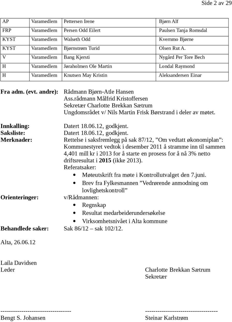 andre): Rådmann Bjørn-Atle Hansen Ass.rådmann Målfrid Kristoffersen Sekretær Charlotte Brekkan Sætrum Ungdomsrådet v/ Nils Martin Frisk Børstrand i deler av møtet. Innkalling: Datert 18.06.