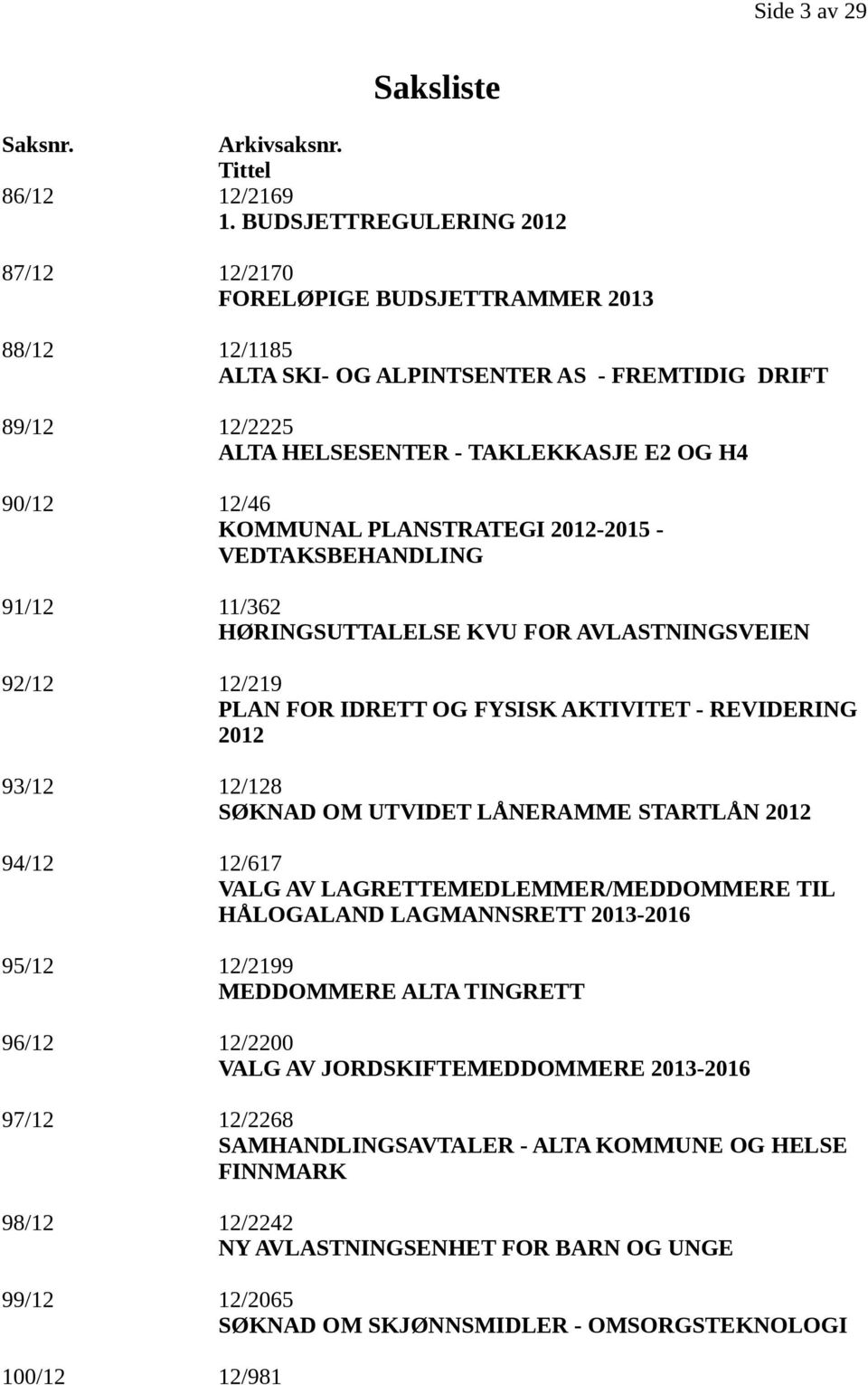 KOMMUNAL PLANSTRATEGI 2012-2015 - VEDTAKSBEHANDLING 91/12 11/362 HØRINGSUTTALELSE KVU FOR AVLASTNINGSVEIEN 92/12 12/219 PLAN FOR IDRETT OG FYSISK AKTIVITET - REVIDERING 2012 93/12 12/128 SØKNAD OM