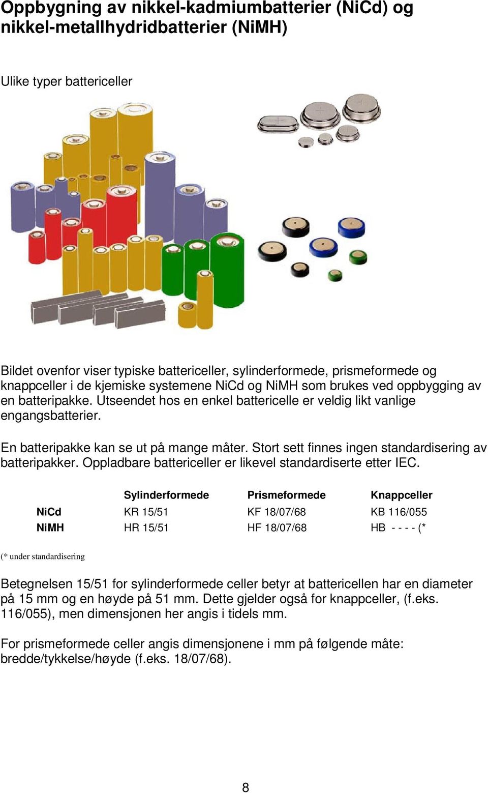 En batteripakke kan se ut på mange måter. Stort sett finnes ingen standardisering av batteripakker. Oppladbare battericeller er likevel standardiserte etter IEC.