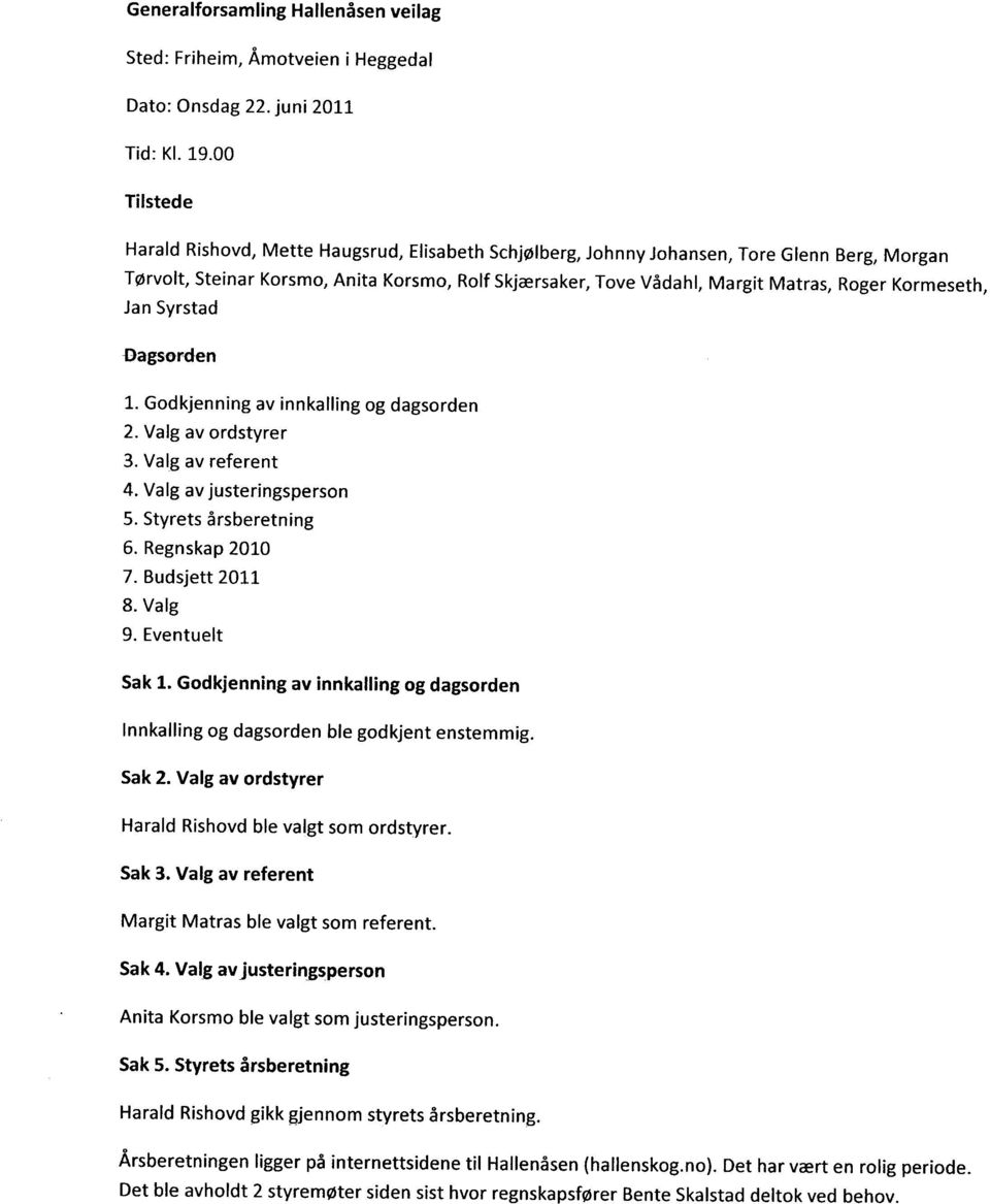 Kormeseth, Jan Syrstad Dagsorden 1. Godkjenning av innkalling og dagsorden 2. Valg av ordstyrer 3. Valg av referent 4. Valg av justeringsperson 5. Styrets 6rsberetning 6. Regnskap 2010 7.