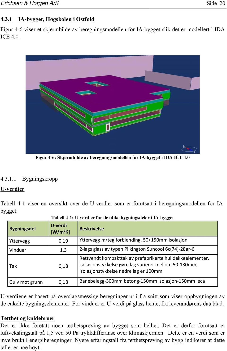 Tabell 4-1: U-verdier for de ulike bygningsdeler i IA-bygget Bygningsdel U verdi [W/m²K] Beskrivelse Yttervegg 0,19 Yttervegg m/teglforblending, 50+150mm isolasjon Vinduer 1,3 2 lags glass av typen