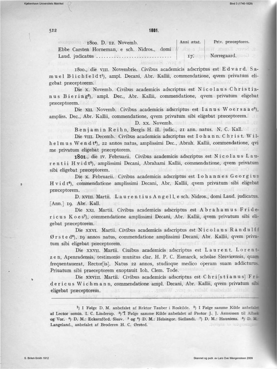 Civibus academicis adscriptus est N i c o l a u s C h r i s t i a n u s B i e r i n g!), arupl. Dec., Abr. Kallii, commendatione, qvem privatum eligebat jlræceptorem. Die XII. Novemb.