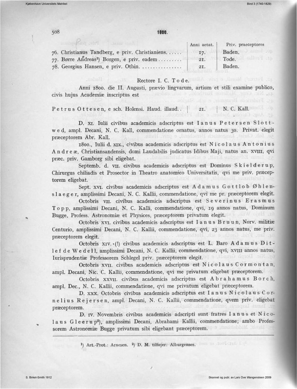 illaud.. ZL N. C. KalI. D. XI. Iulii civiblls academicis adscriptus est I a n u s P e t e r s e n S l o t t ~ w e d, amp!. Decani, N. C. KaIl, commendatione am atus, annos natus 30. Privat.