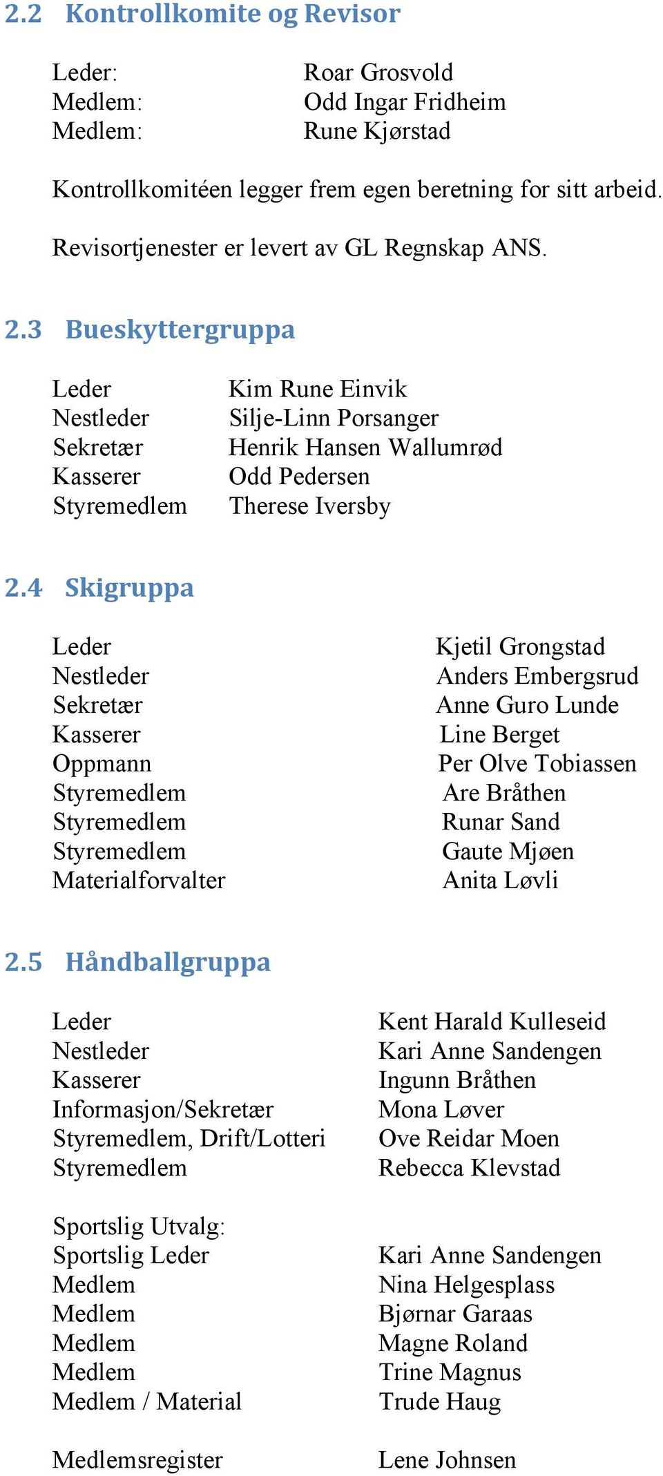 3 Bueskyttergruppa Leder Nestleder Sekretær Kasserer Styremedlem Kim Rune Einvik Silje-Linn Porsanger Henrik Hansen Wallumrød Odd Pedersen Therese Iversby 2.