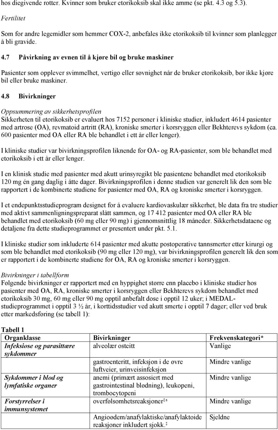 7 Påvirkning av evnen til å kjøre bil og bruke maskiner Pasienter som opplever svimmelhet, vertigo eller søvnighet når de bruker etorikoksib, bør ikke kjøre bil eller bruke maskiner. 4.