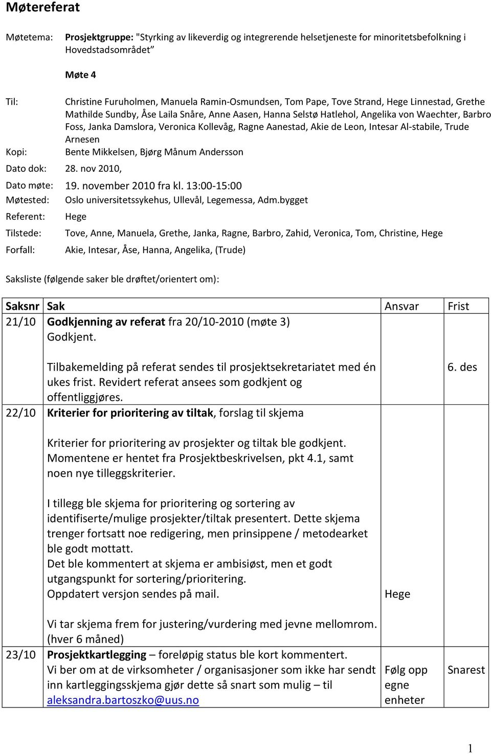 Ragne Aanestad, Akie de Leon, Intesar Al-stabile, Trude Arnesen Bente Mikkelsen, Bjørg Månum Andersson Dato dok: 28. nov 2010, Dato møte: 19. november 2010 fra kl.