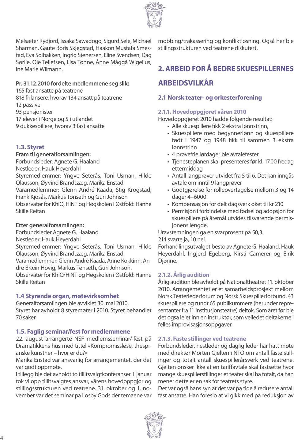 2010 fordelte medlemmene seg slik: 165 fast ansatte på teatrene 818 frilansere, hvorav 134 ansatt på teatrene 12 passive 93 pensjonister 17 elever i Norge og 5 i utlandet 9 dukkespillere, hvorav 3