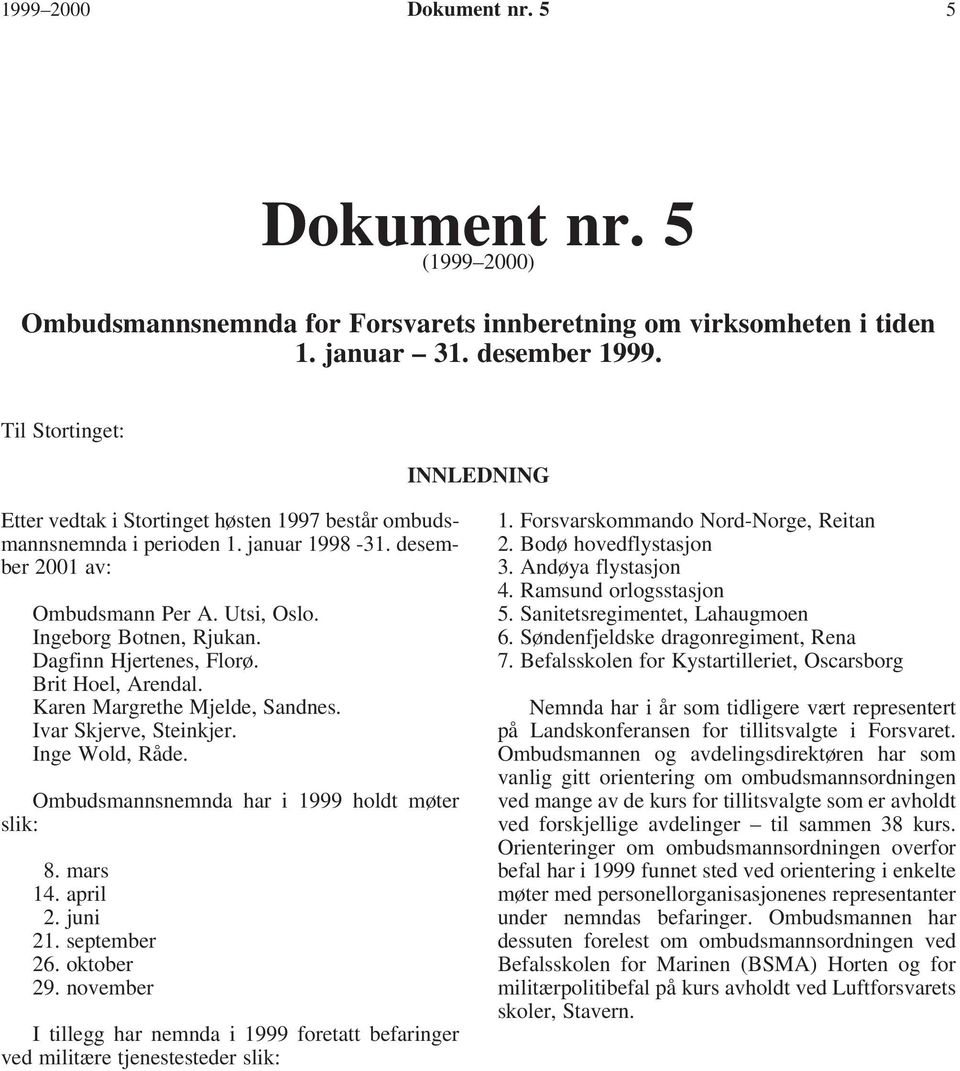 Dagfinn Hjertenes, Florø. Brit Hoel, Arendal. Karen Margrethe Mjelde, Sandnes. Ivar Skjerve, Steinkjer. Inge Wold, Råde. Ombudsmannsnemnda har i 1999 holdt møter slik: 8. mars 14. april 2. juni 21.