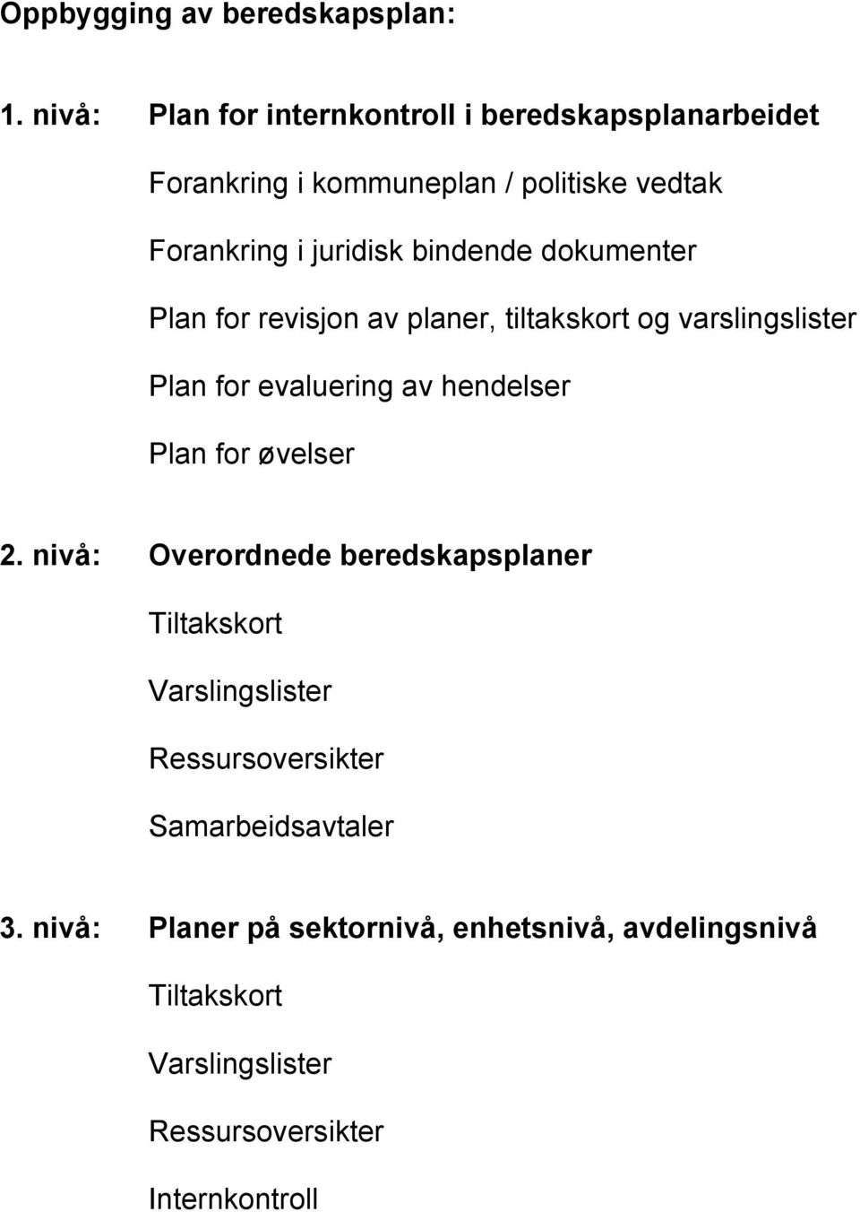 bindende dokumenter Plan for revisjon av planer, tiltakskort og varslingslister Plan for evaluering av hendelser Plan for