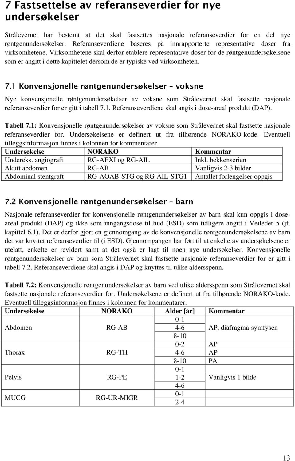 Virksomhetene skal derfor etablere representative doser for de røntgenundersøkelsene som er angitt i dette kapittelet dersom de er typiske ved virksomheten. 7.