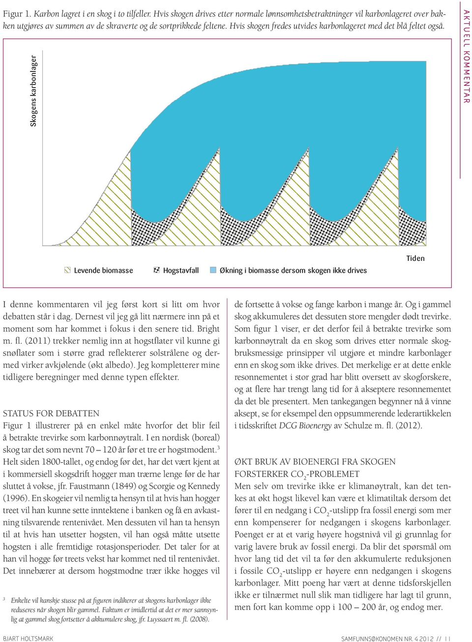 Skogens karbonlager AKTUELL KOMMENTAR Levende biomasse Hogstavfall Økning i biomasse dersom skogen ikke drives Tiden I denne kommentaren vil jeg først kort si litt om hvor debatten står i dag.