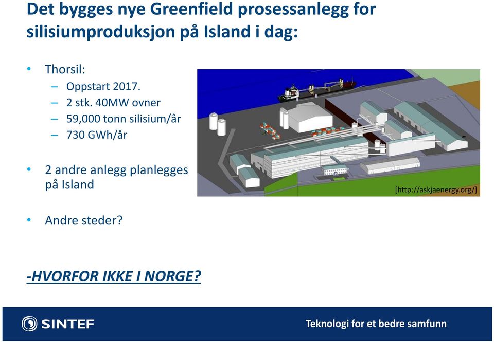 40MW ovner 59,000 tonn silisium/år 730 GWh/år 2 andre anlegg