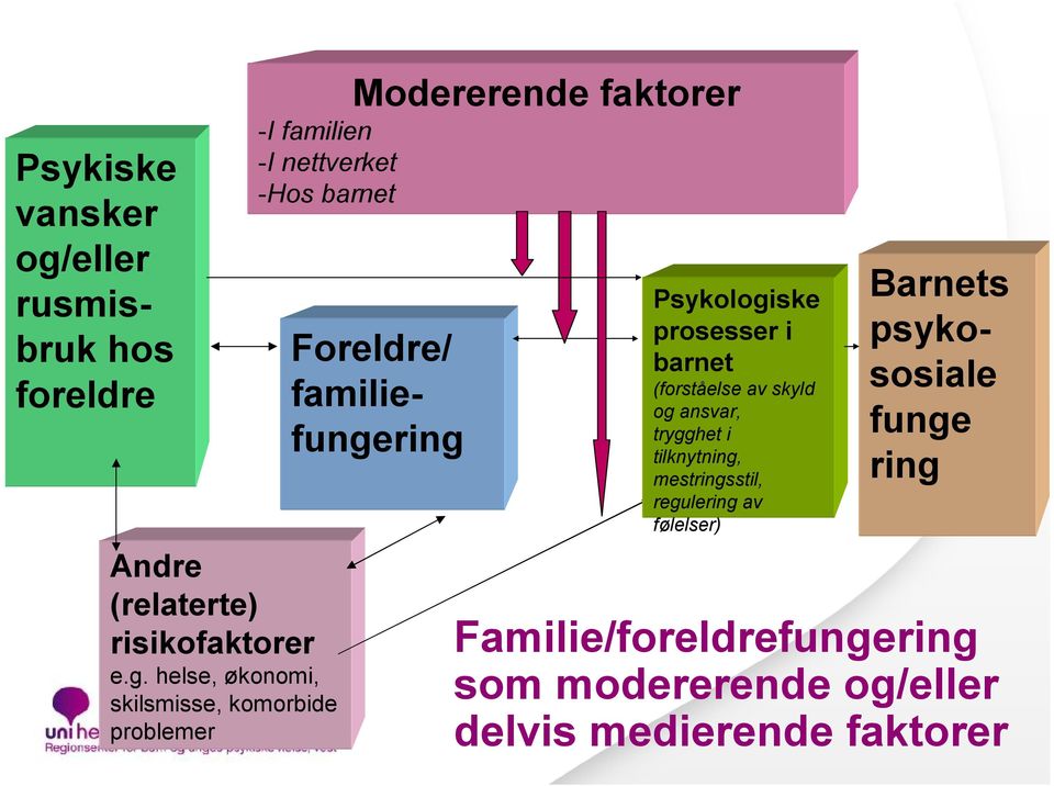 helse, økonomi, skilsmisse, komorbide problemer Modererende faktorer -I familien -I nettverket -Hos barnet