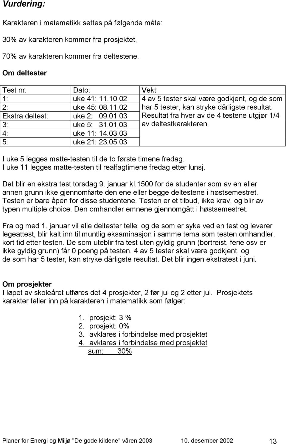 03 Resultat fra hver av de 4 testene utgjør 1/4 3: uke 5: 31.01.03 av deltestkarakteren. 4: uke 11: 14.03.03 5: uke 21: 23.05.03 I uke 5 legges matte-testen til de to første timene fredag.