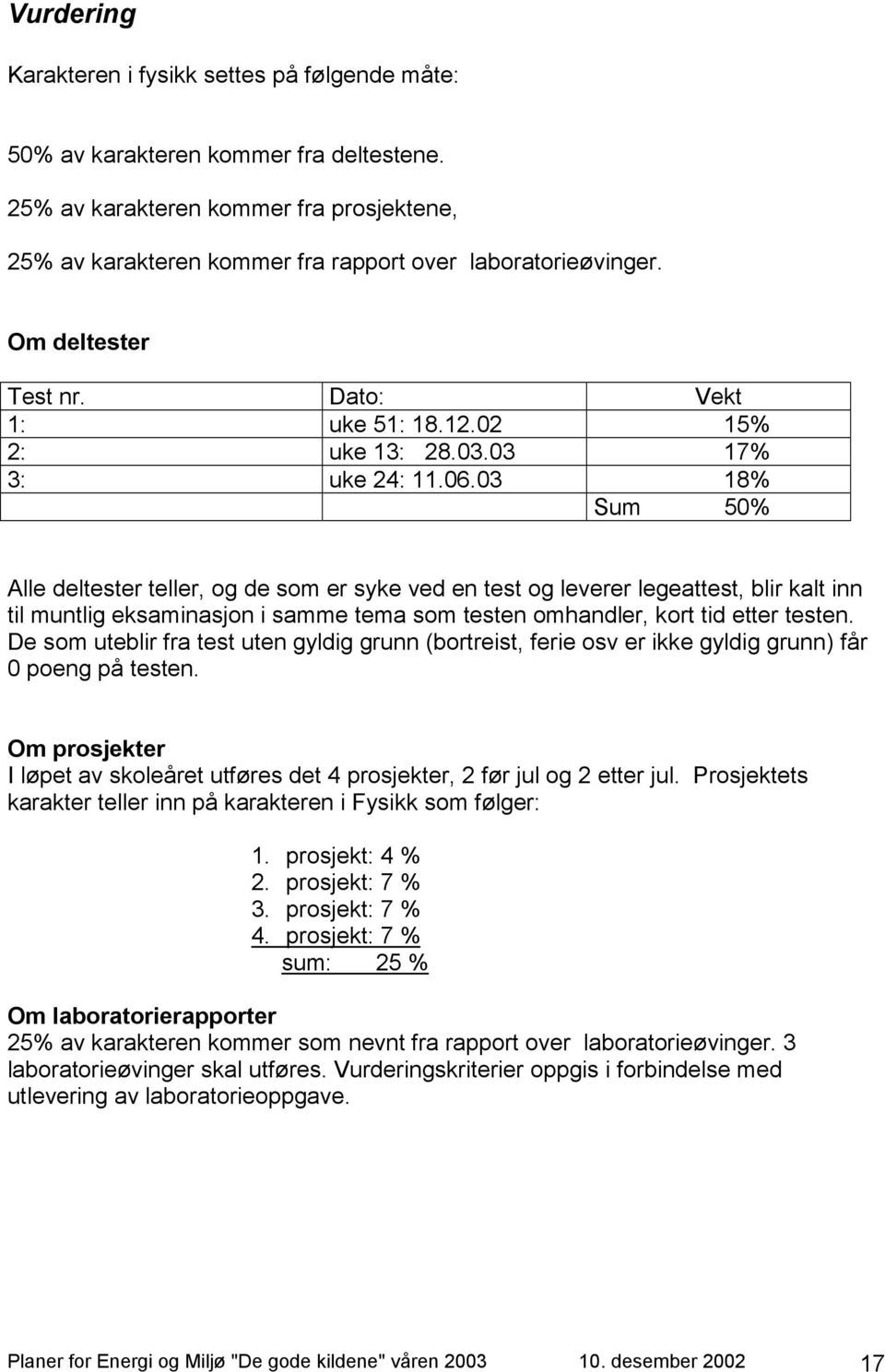 03 18% Sum 50% Alle deltester teller, og de som er syke ved en test og leverer legeattest, blir kalt inn til muntlig eksaminasjon i samme tema som testen omhandler, kort tid etter testen.