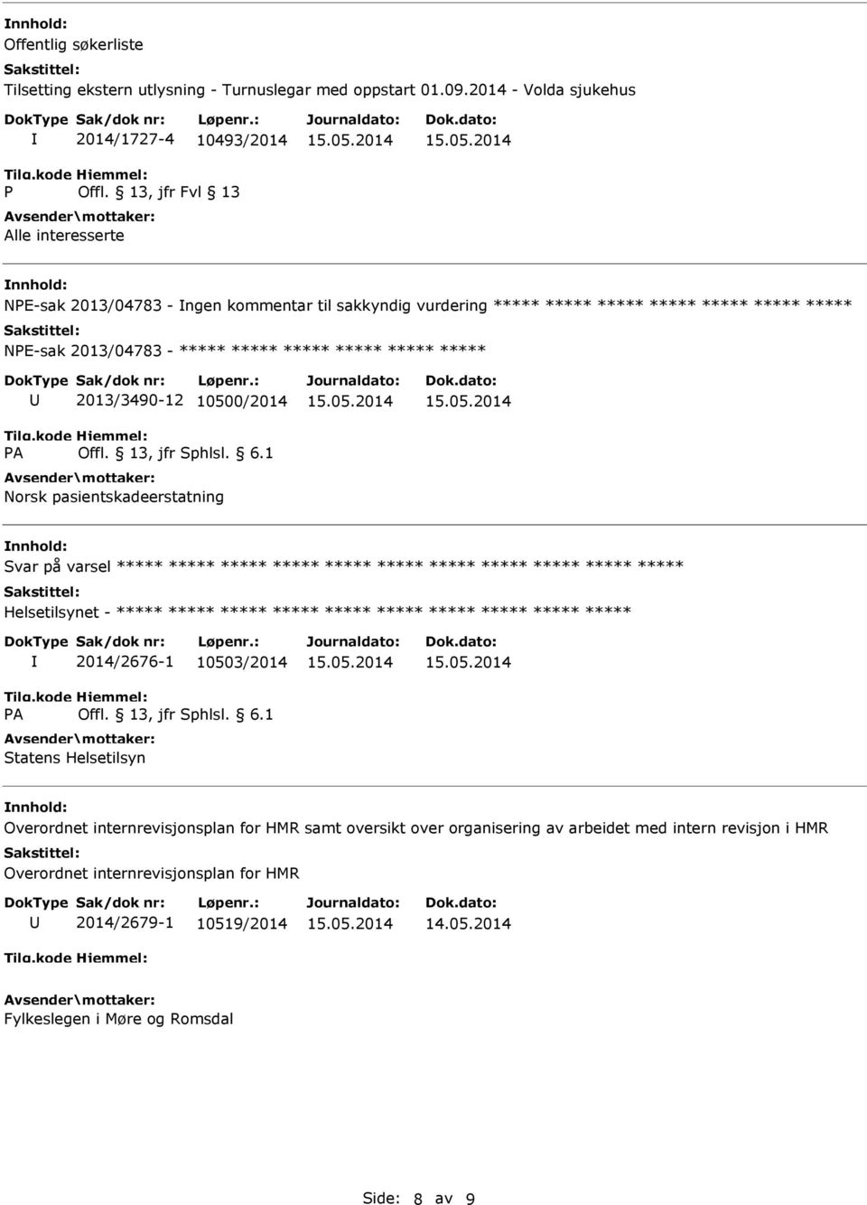 pasientskadeerstatning Svar på varsel Helsetilsynet - 2014/2676-1 10503/2014 Statens Helsetilsyn Overordnet internrevisjonsplan for HMR samt