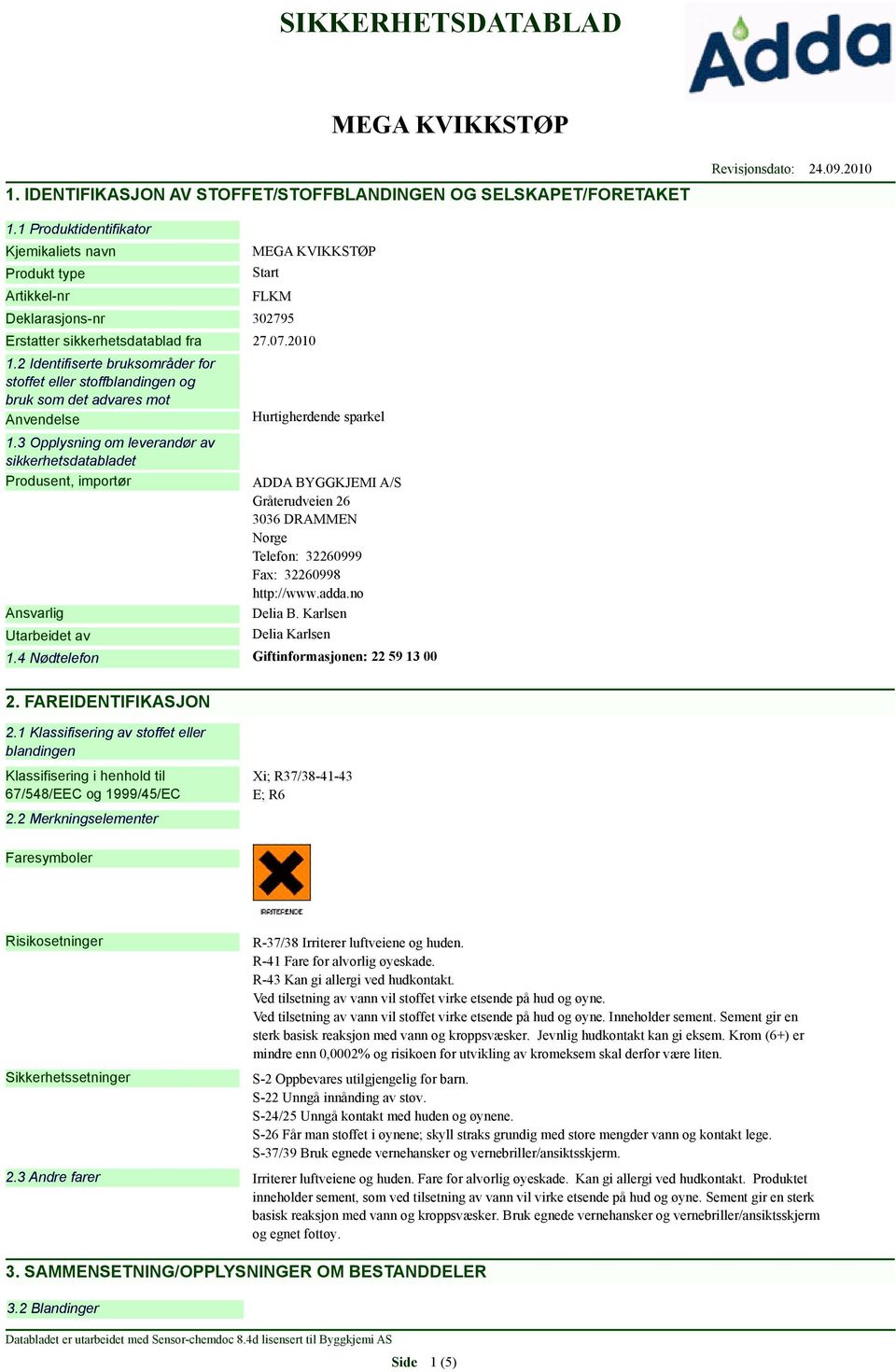 2 Identifiserte bruksområder for stoffet eller stoffblandingen og bruk som det advares mot Anvendelse 1.