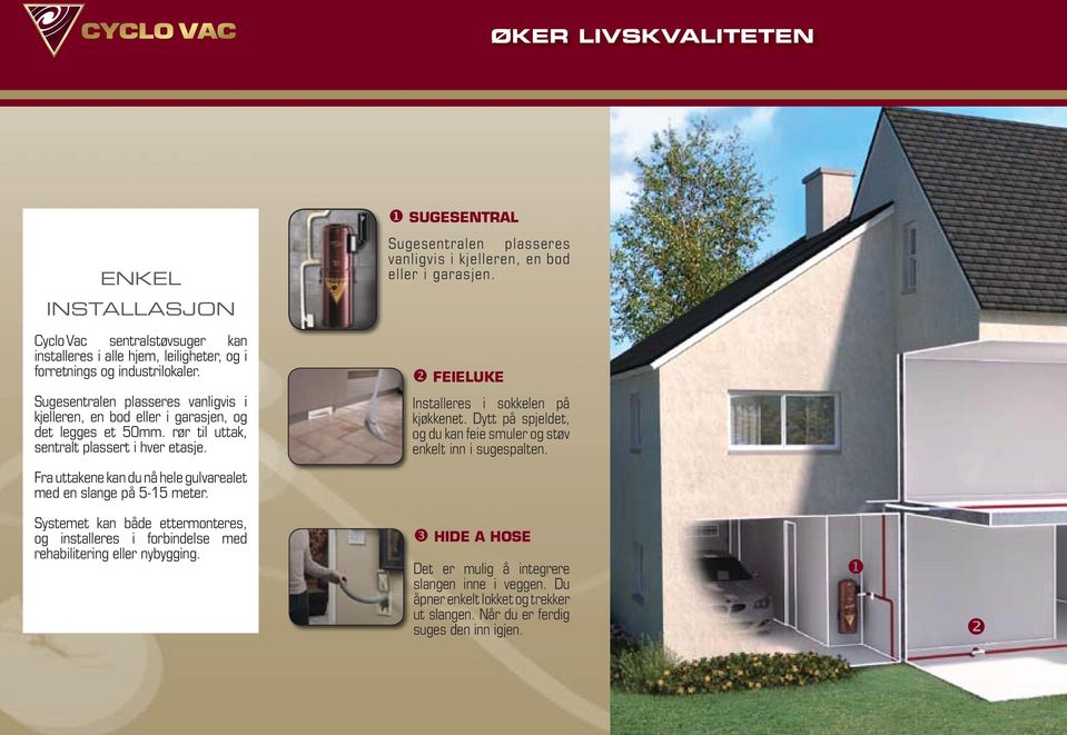 Feieluke Sugesentralen plasseres vanligvis i kjelleren, en bod eller i garasjen, og det legges et 50mm. rør til uttak, sentralt plassert i hver etasje. Installeres i sokkelen på kjøkkenet.