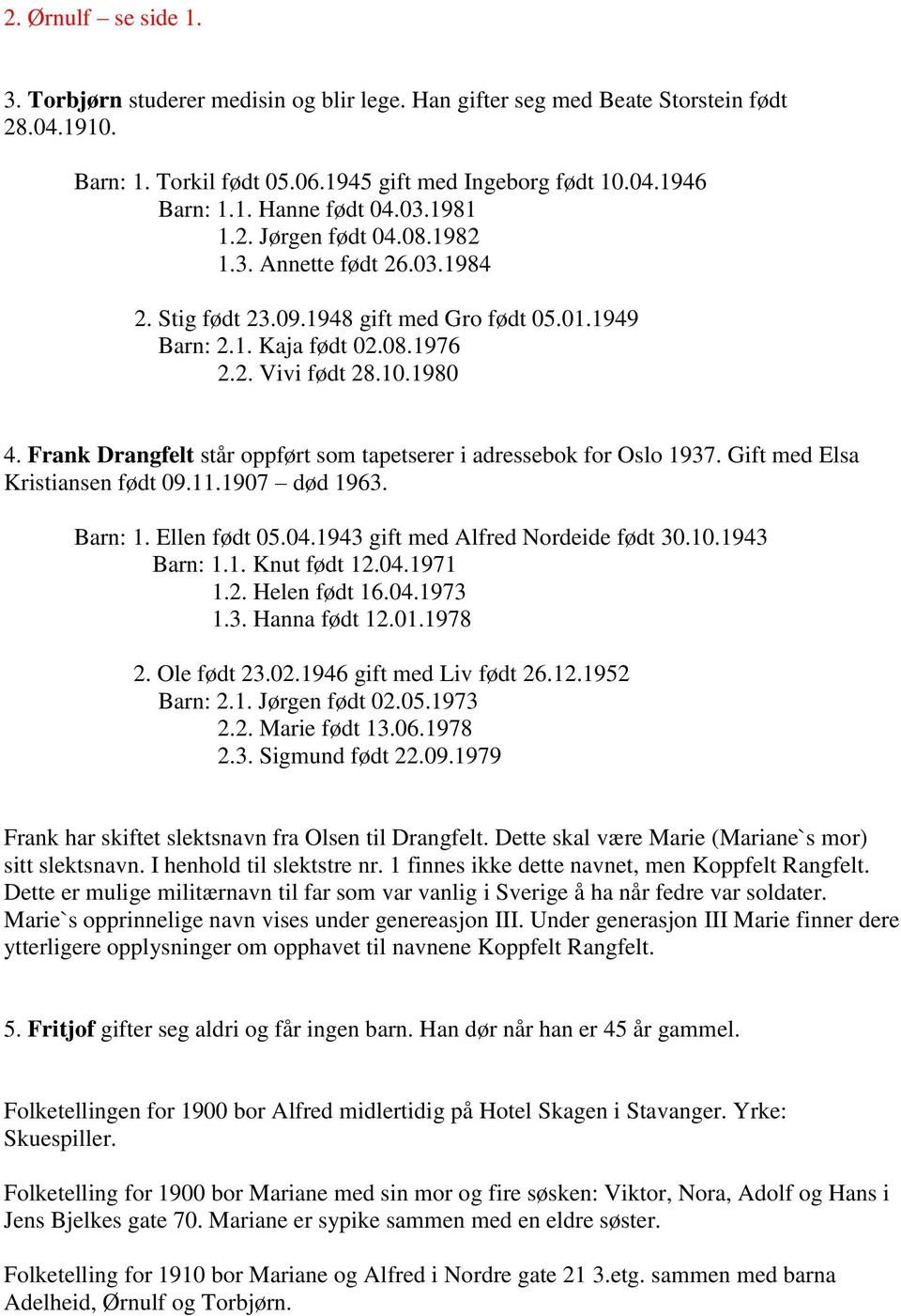 Frank Drangfelt står oppført som tapetserer i adressebok for Oslo 1937. Gift med Elsa Kristiansen født 09.11.1907 død 1963. Barn: 1. Ellen født 05.04.1943 gift med Alfred Nordeide født 30.10.