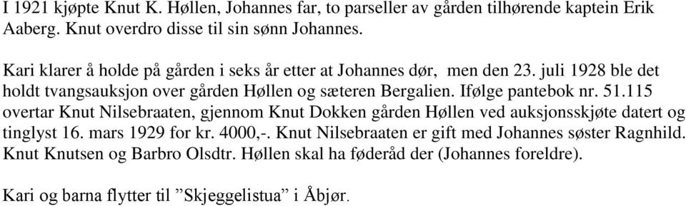 Ifølge pantebok nr. 51.115 overtar Knut Nilsebraaten, gjennom Knut Dokken gården Høllen ved auksjonsskjøte datert og tinglyst 16. mars 1929 for kr. 4000,-.