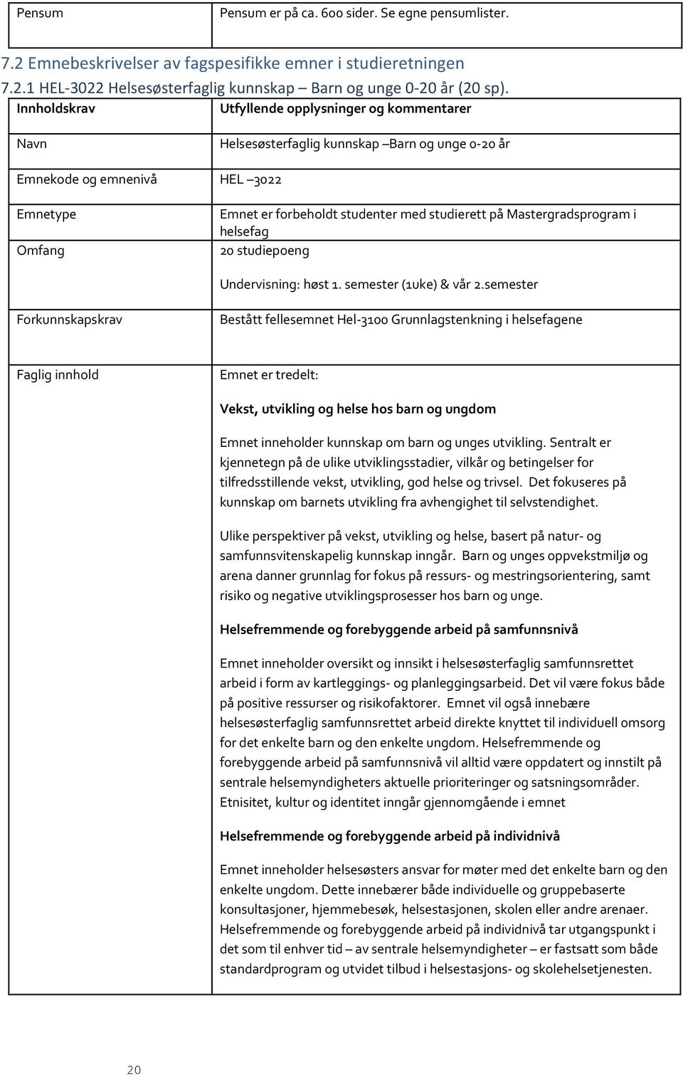 Mastergradsprogram i helsefag 20 studiepoeng Undervisning: høst 1. semester (1uke) & vår 2.