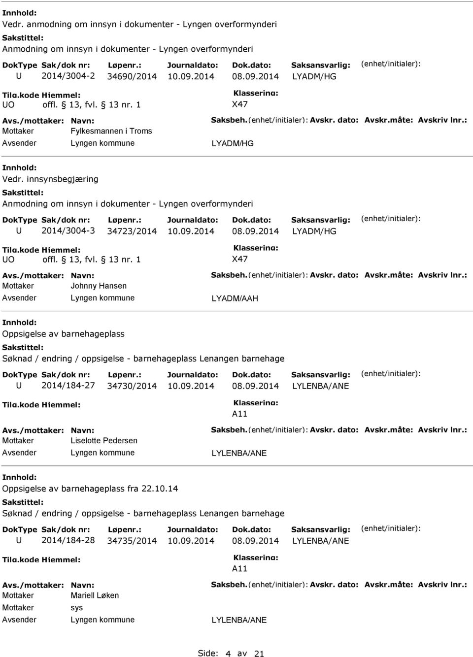 1 X47 Johnny Hansen LYADM/AAH Oppsigelse av barnehageplass Søknad / endring / oppsigelse - barnehageplass Lenangen barnehage 2014/184-27 34730/2014 LYLENBA/ANE A11 Liselotte edersen