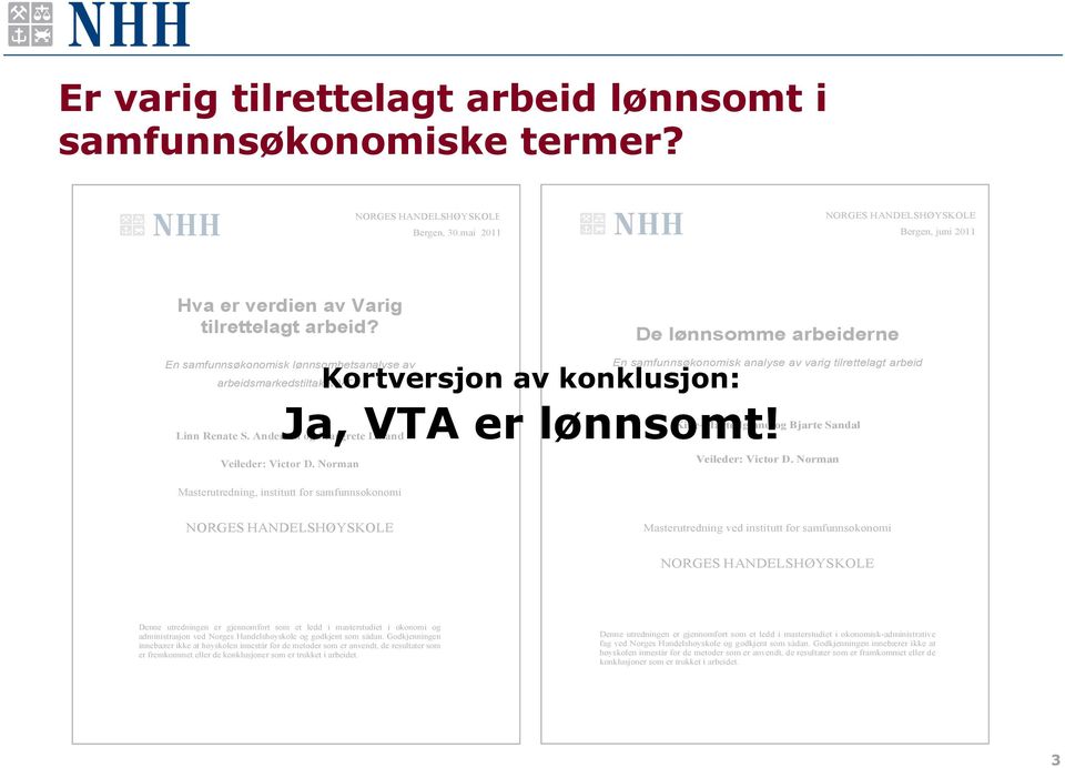 Andersen og Margrete Laland Kortversjon av konklusjon: En samfunnsøkonomisk analyse av varig tilrettelagt arbeid Ja, VTA er lønnsomt! Kine-Marte Igland og Bjarte Sandal Veileder: Victor D.