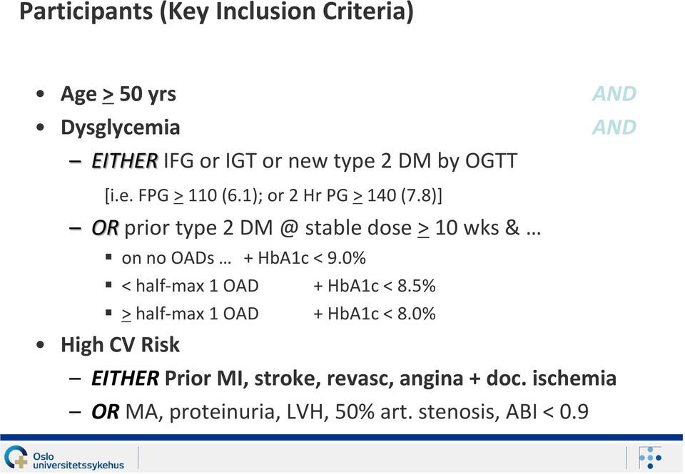 8)] OR prior type 2 DM @ stable dose > 10 wks & on no OADs + HbA1c < 9.0% < half-max 1 OAD + HbA1c < 8.