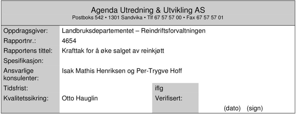 : 4654 Rapportens tittel: Spesifikasjon: Ansvarlige konsulenter: Tidsfrist: