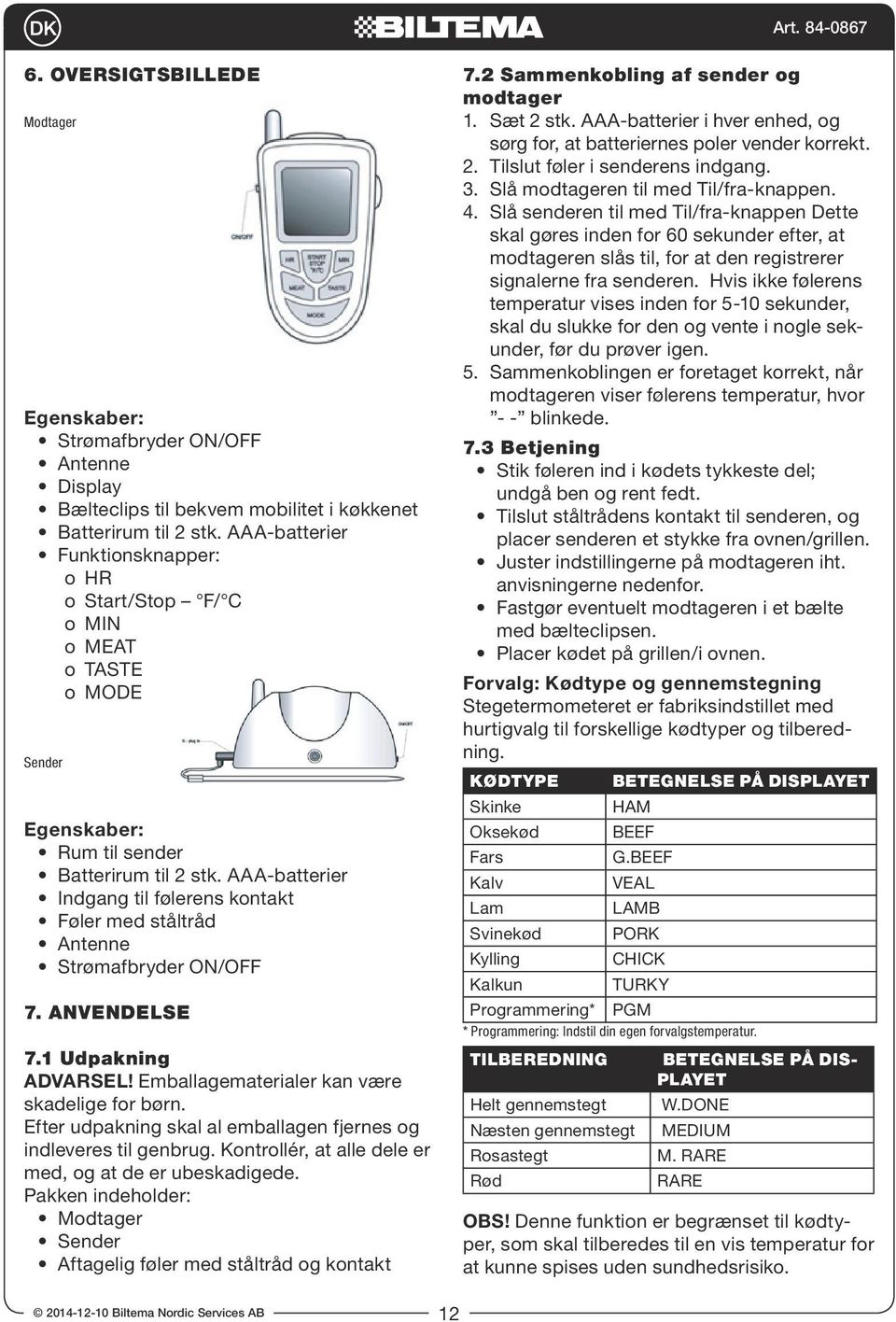 AAA-batterier Indgang til følerens kontakt Føler med ståltråd Antenne Strømafbryder ON/OFF 7. ANVENDELSE 7.1 Udpakning ADVARSEL! Emballagematerialer kan være skadelige for børn.